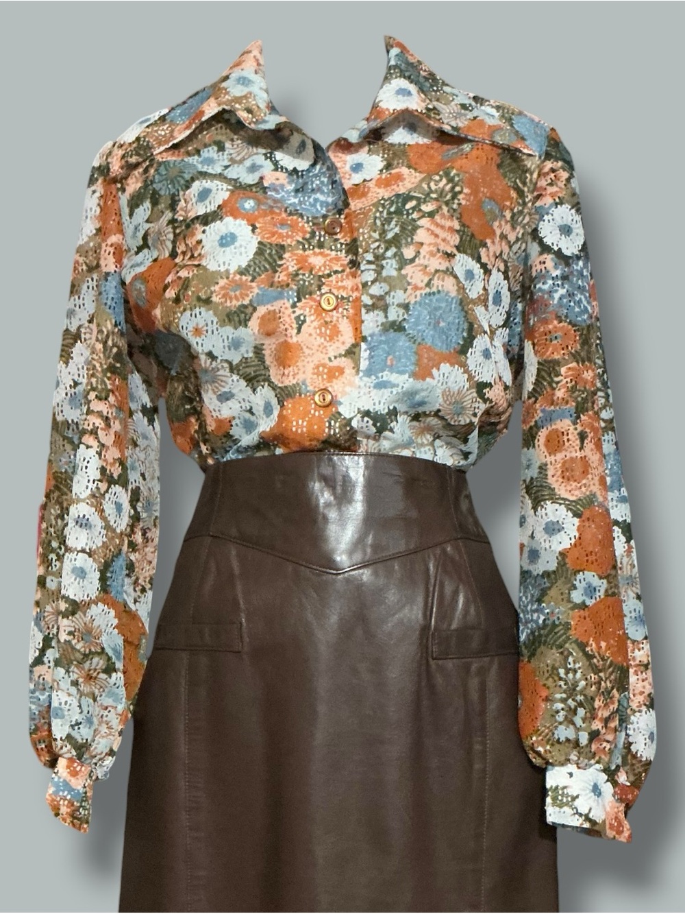 Vintage 70s Fred Lief Dallas Floral Openwork Blouse Medium